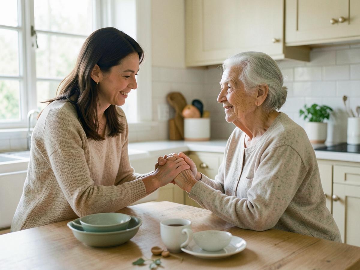 Daughter holding her mother's hands at a kitchen table
